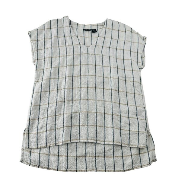 Tahari Womens Linen Cotton Blend Checkered V-Neck Top Size S - Picture 1 of 6